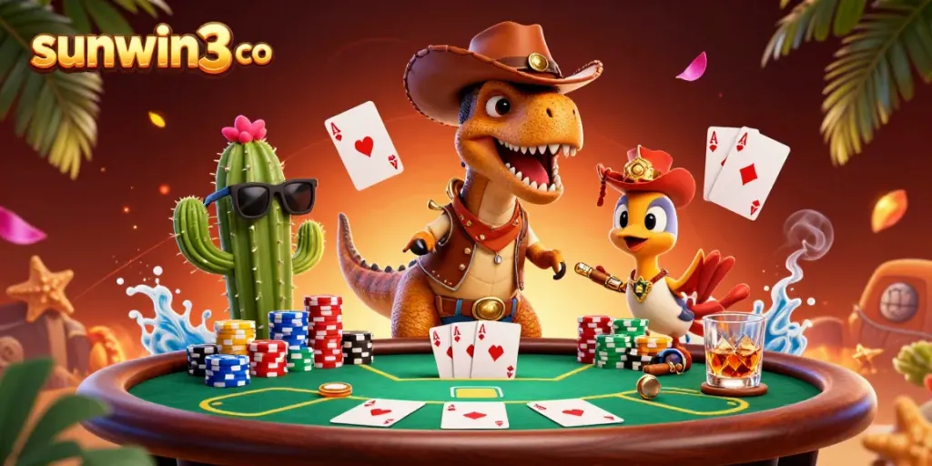 Experience thrilling gameplay at sunwin3 co with a lively poker scene featuring a T-Rex and friends.