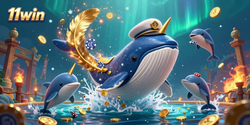 Experience the excitement of 11win with a cartoon whale and friends celebrating amidst casino treasures.