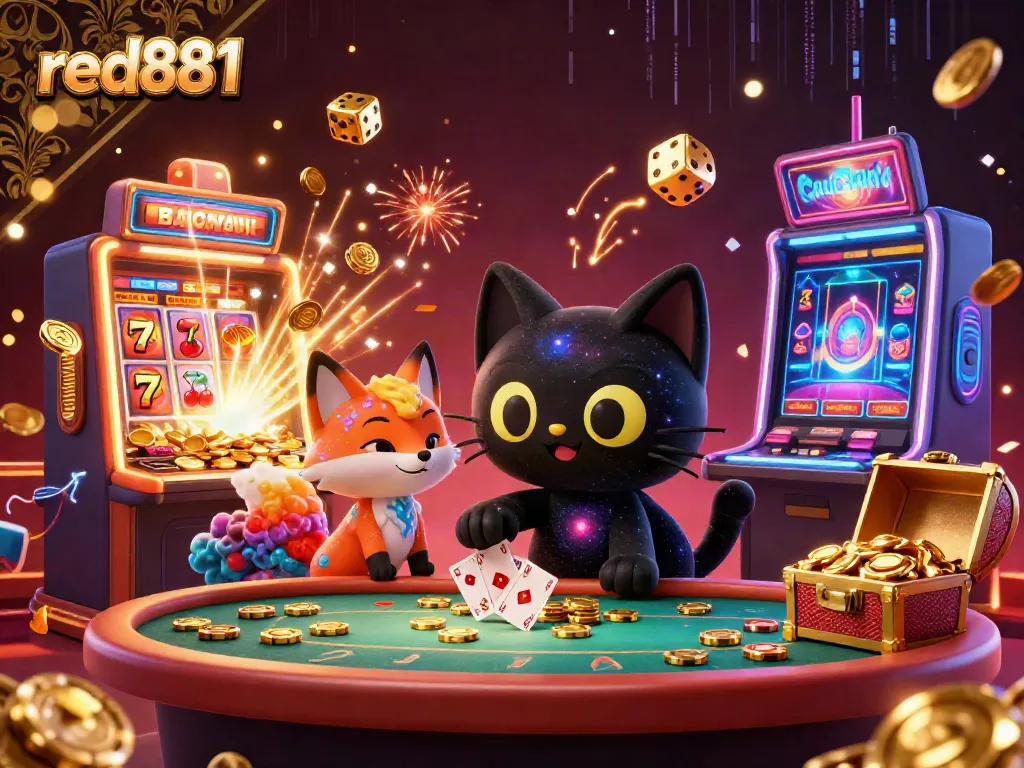 Experience the excitement of red881 with a cosmic cat and fox at a vibrant casino table, surrounded by jackpots and colorful gaming elements.