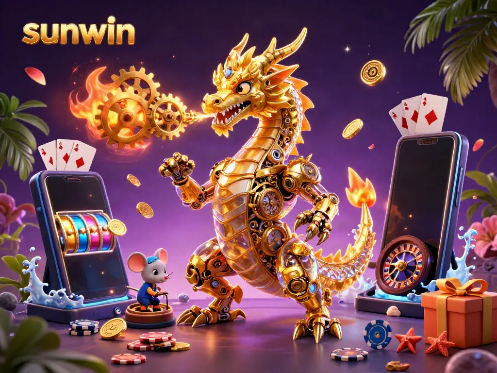 Experience thrilling gameplay at sunwin with a vibrant 3D casino scene featuring a golden dragon.