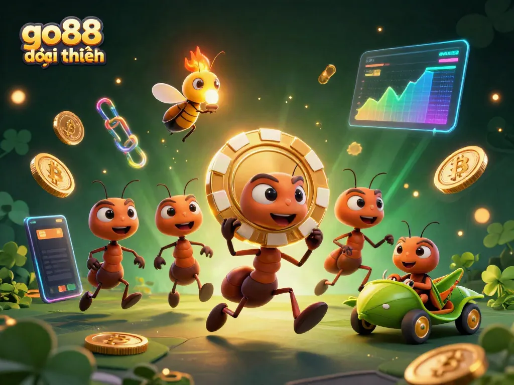 Engage with go88 đổi thưởng through a dynamic scene of ants on a heist in a vibrant casino setting.