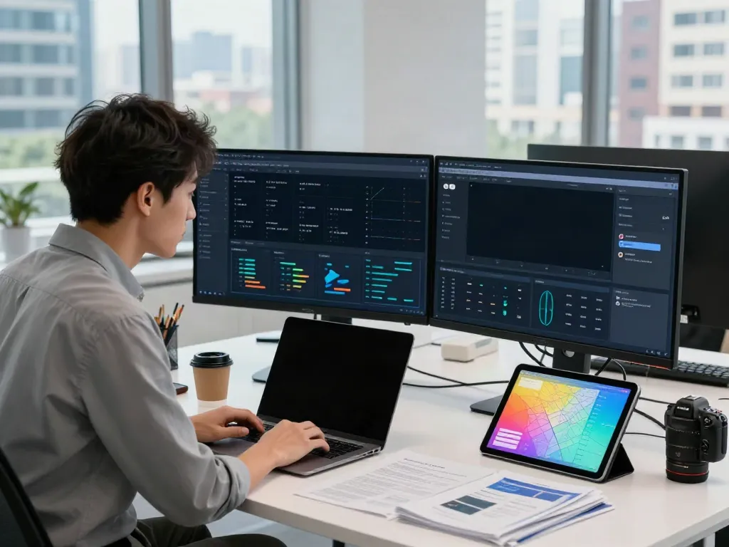 Developer using a GEO tool on dual monitors in a modern tech office setting.