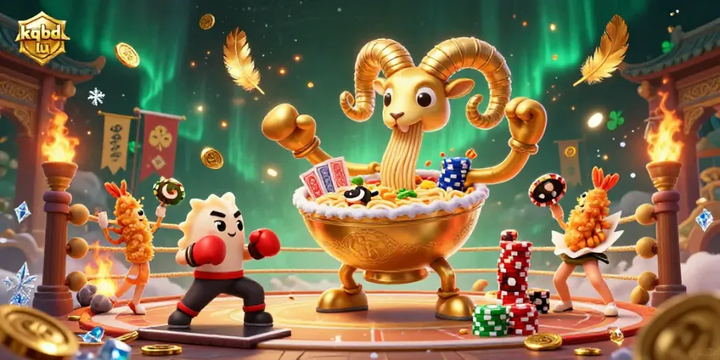 Engage with kqbd lu as golden ramen bowls deal cards and stack chips in a vibrant casino scene.