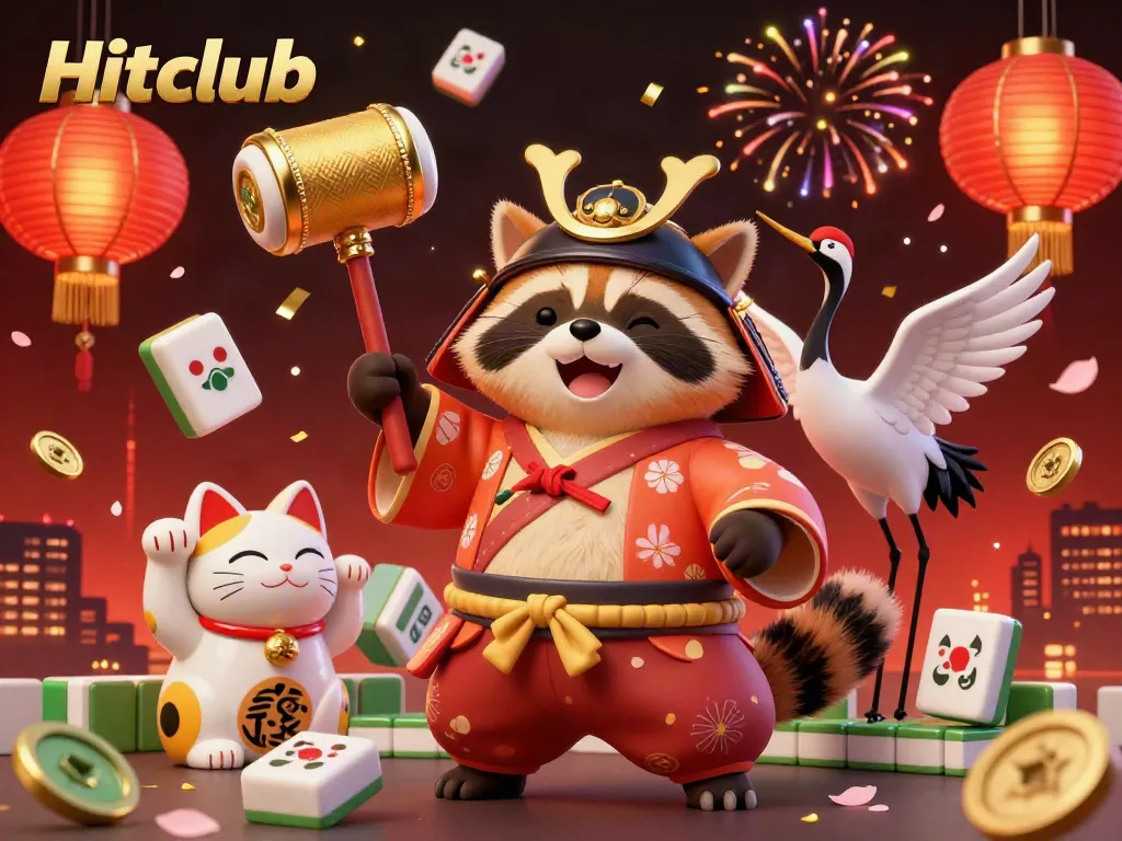 Hitclub scene with a cheerful tanuki and lucky symbols celebrating wins at the casino.