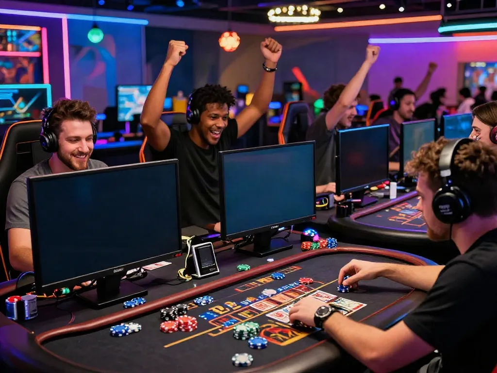 Dynamic online gaming experience featuring diverse players at man88 casino, celebrating wins with live dealers.