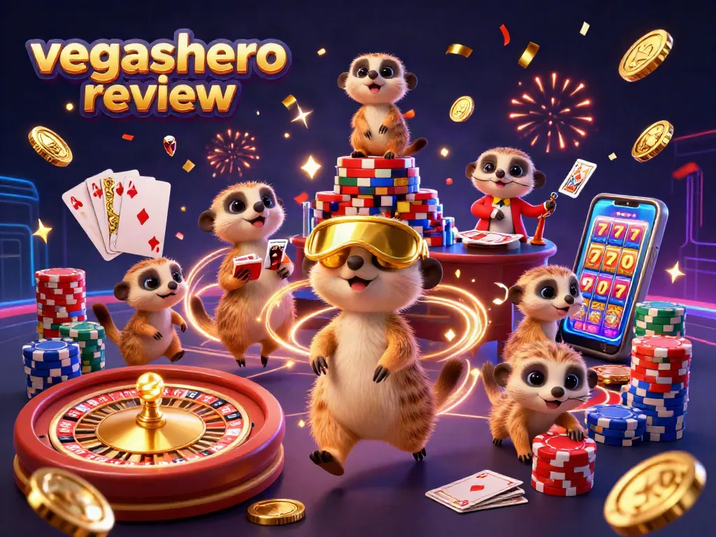 Experience the excitement of the VegasHero review with a lively meerkat casino scene showcasing vibrant gaming elements.
