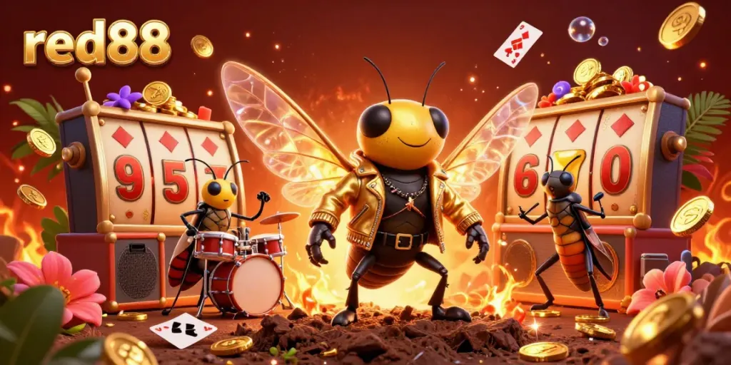 Experience the thrilling excitement of red88 with vibrant slot reels and characters in a dynamic casino scene.