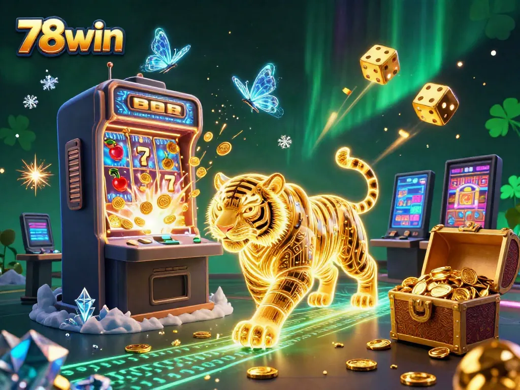 Experience thrilling jackpots with 78win's vibrant digital casino atmosphere featuring a neon tiger and rich game elements.