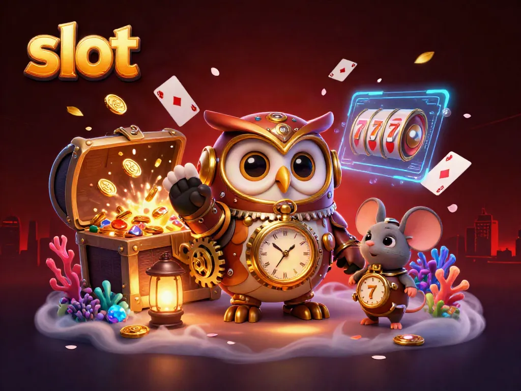 Experience thrilling slot adventures with a whimsical time-traveling owl in a vibrant casino scene.