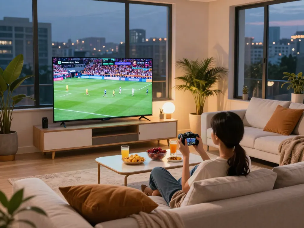 Pika show streaming experience in a cozy living room with a person watching sports on a smart TV.