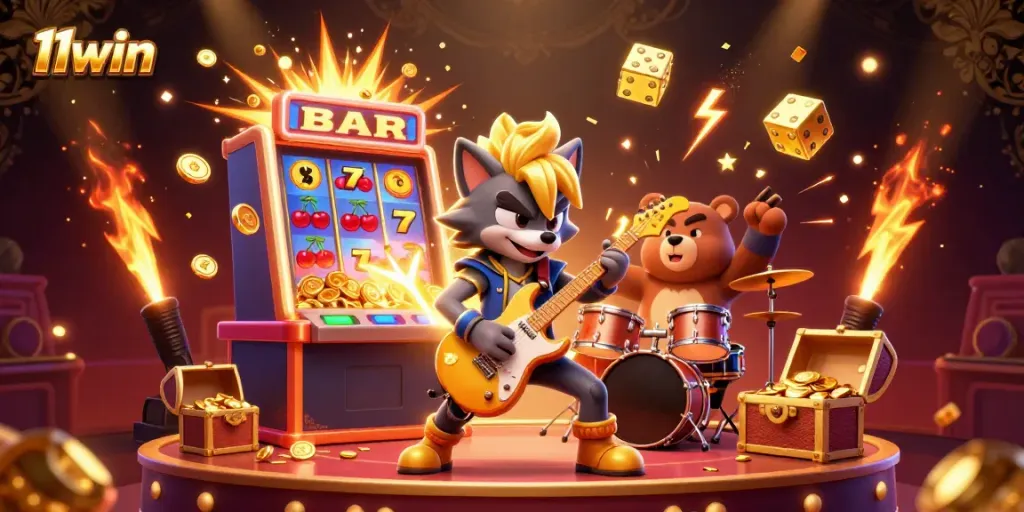 Experience the excitement of 11win with a vibrant casino stage featuring a wolf guitarist and a bear drummer, surrounded by jackpot fun.