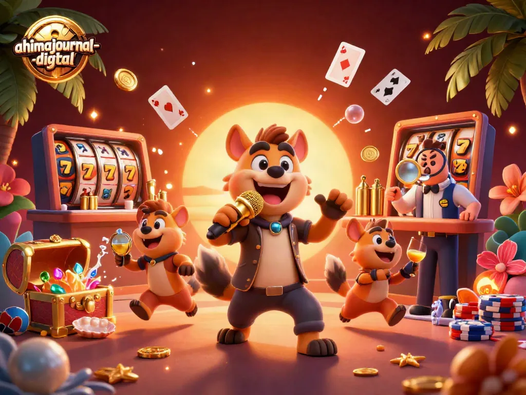 Celebrate gaming excitement at ahimajournal-digital in a vibrant casino scene with hyena characters.
