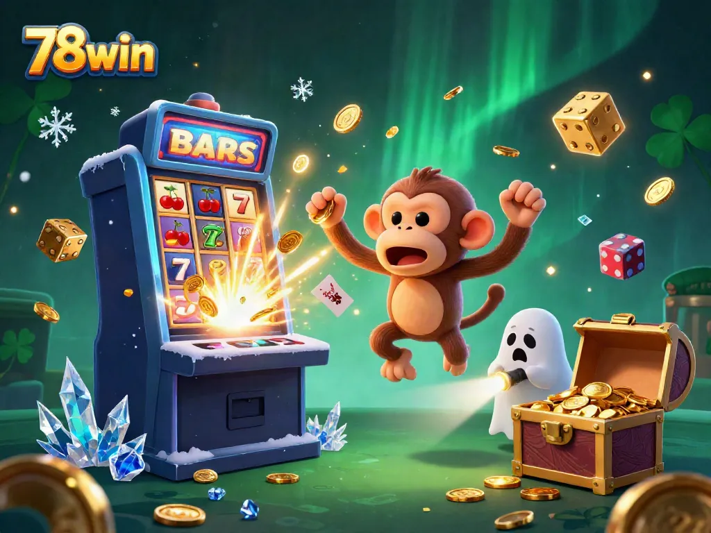 Experience big wins at 78win with a magical casino scene featuring a poltergeist monkey and a curious puppy.