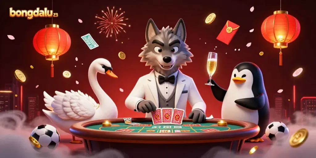 Engage in thrilling gameplay with bongdalu 23 featuring a debonair wolf and elegant characters.