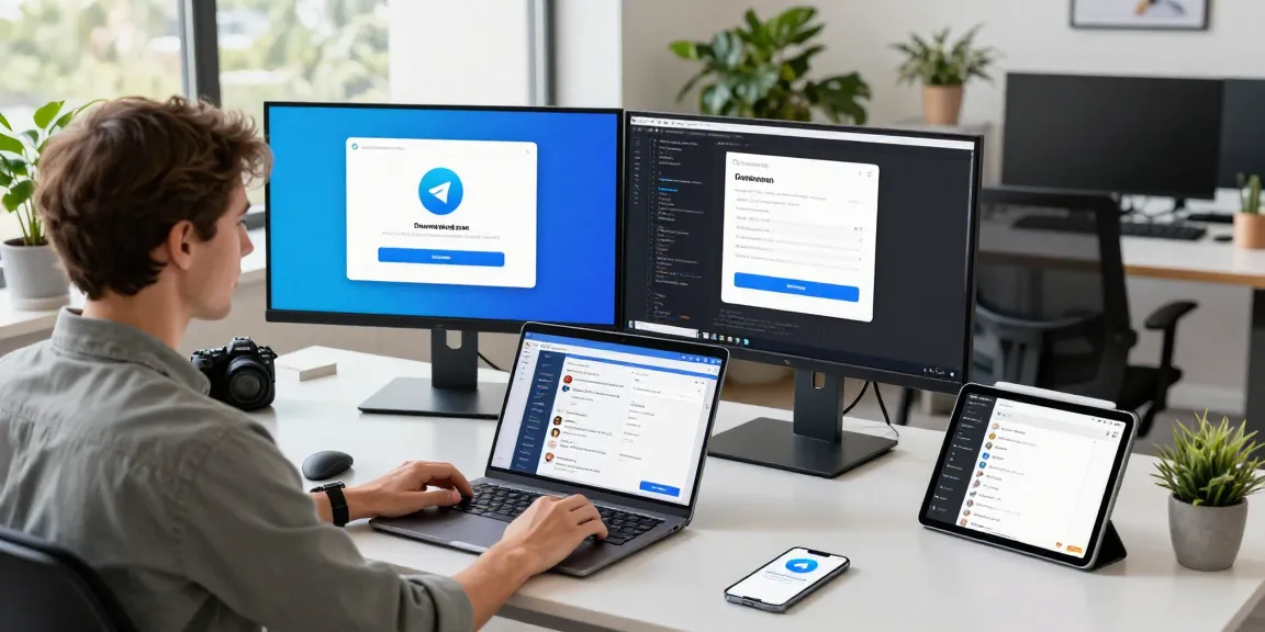 Download Telegram on a modern workspace setup with dual screens and tech gadgets.