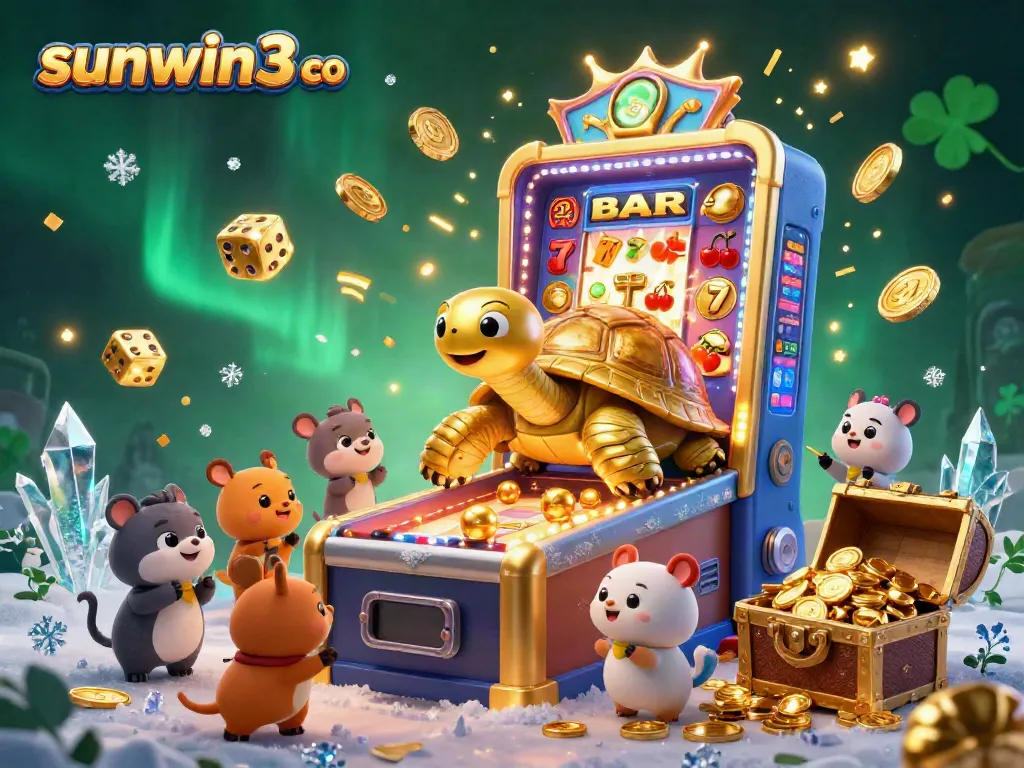 Engaging scene featuring sunwin3 co with cartoon tortoise pinball machine and jackpot slot explosion.