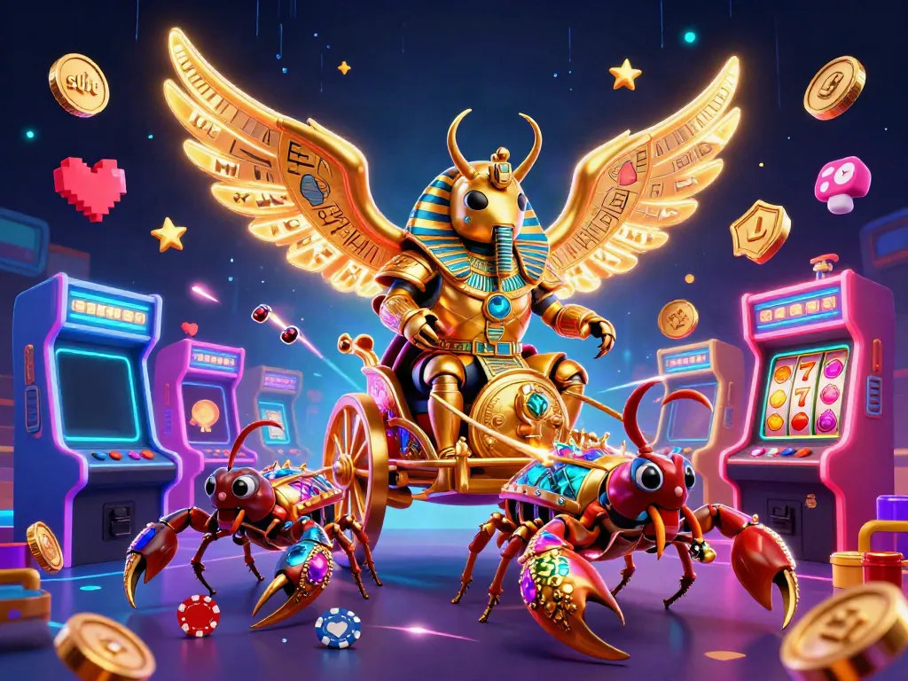 Experience thrilling slot gameplay with a grand scarab chariot amidst colorful arcade elements.