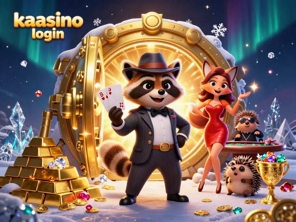 Kaasino login screen capturing a thrilling casino atmosphere with raccoon, fox, and hedgehog characters.
